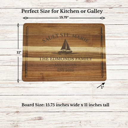 Sault Ste Marie cutting board dimensions showing size thickness and scale of acacia wood board for kitchen use