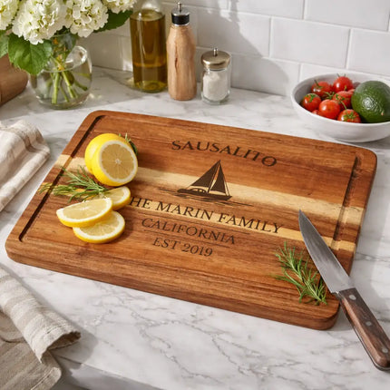 Sausalito California sailboat cutting board displayed in bright coastal kitchen with lemons herbs and nautical decor