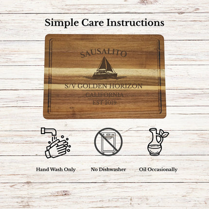 Sausalito California cutting board care instructions showing cleaning oiling and maintenance for acacia wood
