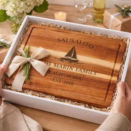 Sausalito California personalized cutting board gift in box with ribbon and coastal themed presentation for boat owners