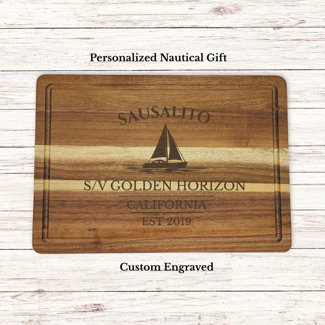 Personalized Sausalito California sailboat cutting board engraved with family name Marin Family coastal nautical gift
