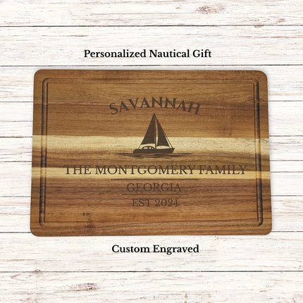 Personalized Savannah Georgia sailboat cutting board engraved with boat or family name and established year on acacia wood