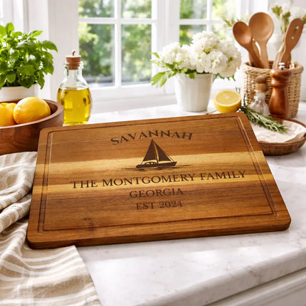 Savannah personalized sailboat cutting board displayed in a coastal southern kitchen with warm natural lighting