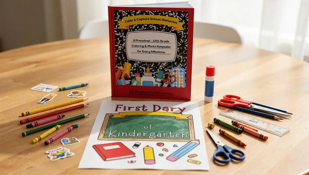 School Memories preschool through 12th grade coloring and photo keepsake book displayed on a classroom craft table with a partially completed coloring page, crayons, pencils, scissors, and school supplies.