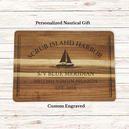 Scrub Island Harbor British Virgin Islands sailboat cutting board personalized with Blue Meridian boat name nautical gift