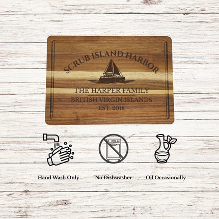 Scrub Island Harbor British Virgin Islands cutting board care instructions showing how to clean oil and maintain acacia wood for long lasting use