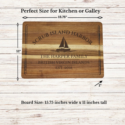 Scrub Island Harbor British Virgin Islands sailboat cutting board dimensions and features including size thickness juice groove and edge detail