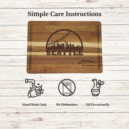 Care instructions for acacia wood cutting board showing cleaning oiling and maintenance for long lasting use