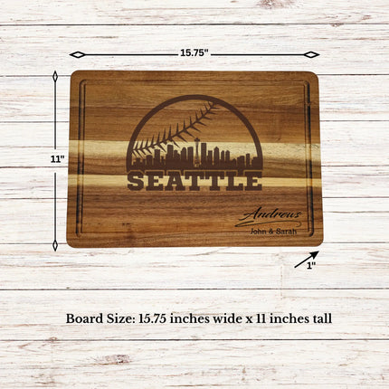 Seattle baseball cutting board dimensions showing size thickness and juice groove details on acacia wood board