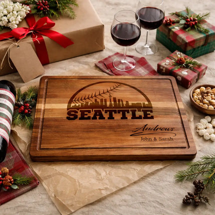 Personalized Seattle baseball cutting board presented as a gift with wrapped boxes ribbon and decorative elements