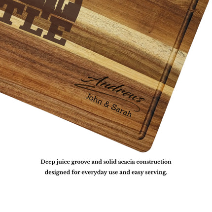 Acacia wood cutting board with deep juice groove and thick construction showing quality craftsmanship and durability