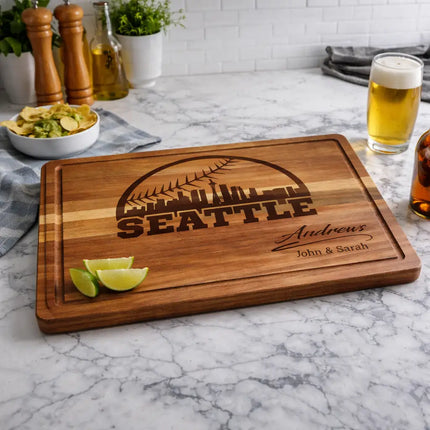 Seattle baseball cutting board displayed in bright kitchen setting with food and drinks for casual entertaining