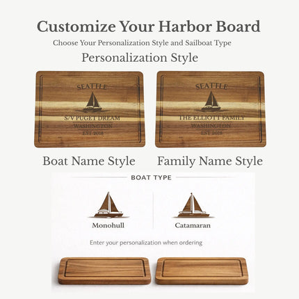 Seattle Washington cutting board personalization options showing custom boat name family name established year and sailboat engraving choices