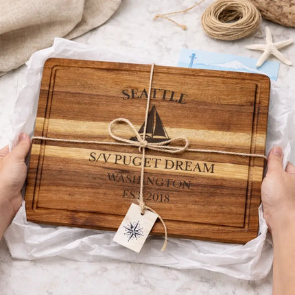 Seattle Washington personalized cutting board gift wrapped in nautical theme with rope tag and coastal gift presentation