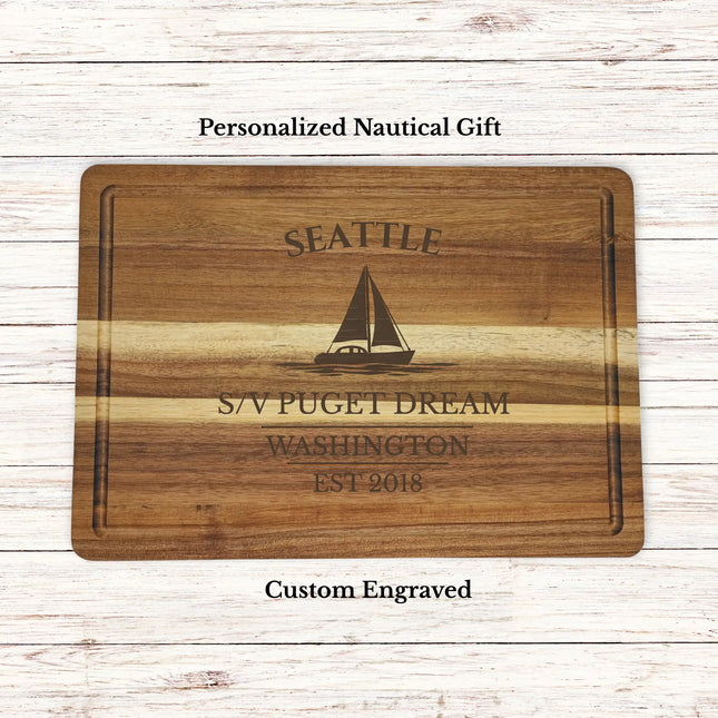 Personalized Seattle Washington sailboat cutting board engraved with Puget Dream boat name nautical gift
