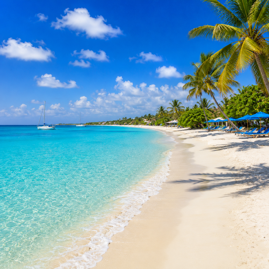 White sand beach, crystal-clear turquoise water, palm trees, and anchored sailboats at Shoal Bay East, one of Anguilla's most famous Caribbean beaches.