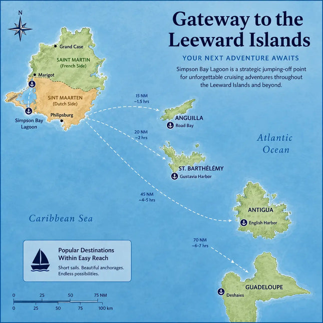 Map of the northeastern Caribbean showing sailing connections from Simpson Bay Lagoon to Anguilla, St. Barthélemy, Antigua, and the Leeward Islands cruising region.
