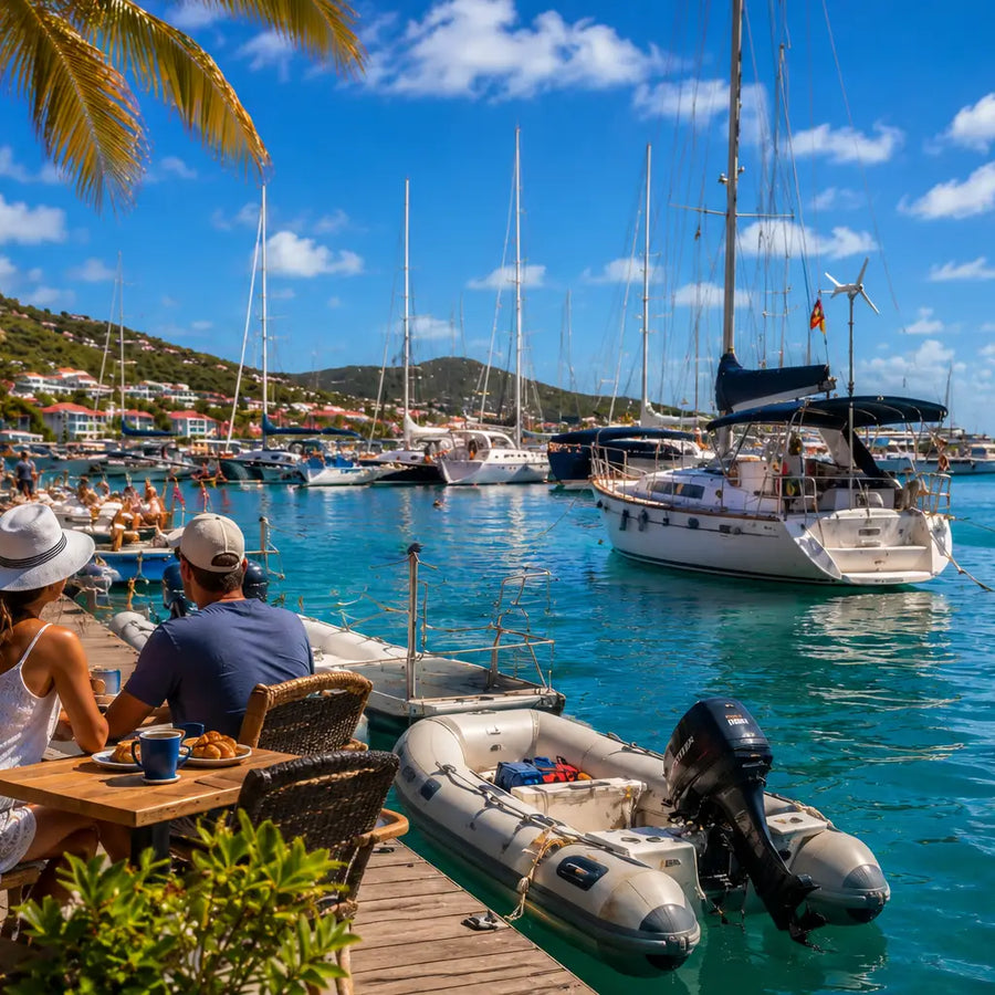 Couple enjoying coffee along the waterfront at Simpson Bay Lagoon with sailboats, marina docks, turquoise Caribbean waters, and tropical scenery in Saint Martin.