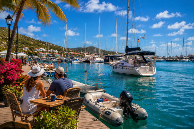 Couple enjoying coffee along the waterfront at Simpson Bay Lagoon with sailboats, marina docks, turquoise Caribbean waters, and tropical scenery in Saint Martin.