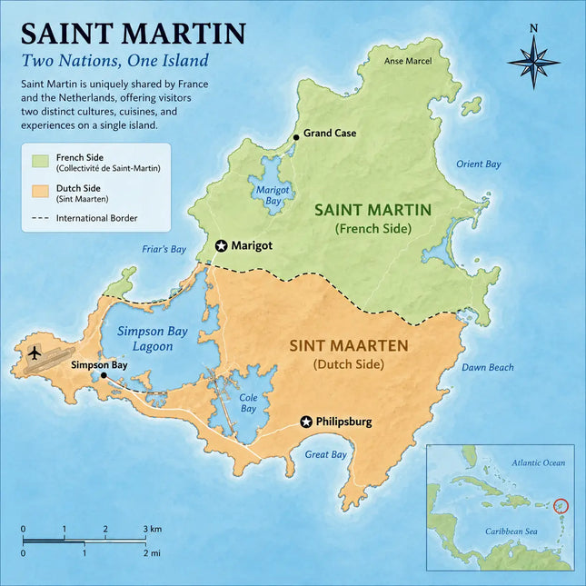 Map of Saint Martin showing the Dutch side of Sint Maarten and the French side of Saint Martin, including Simpson Bay Lagoon, Marigot Harbor, Grand Case Harbor, and Philipsburg.