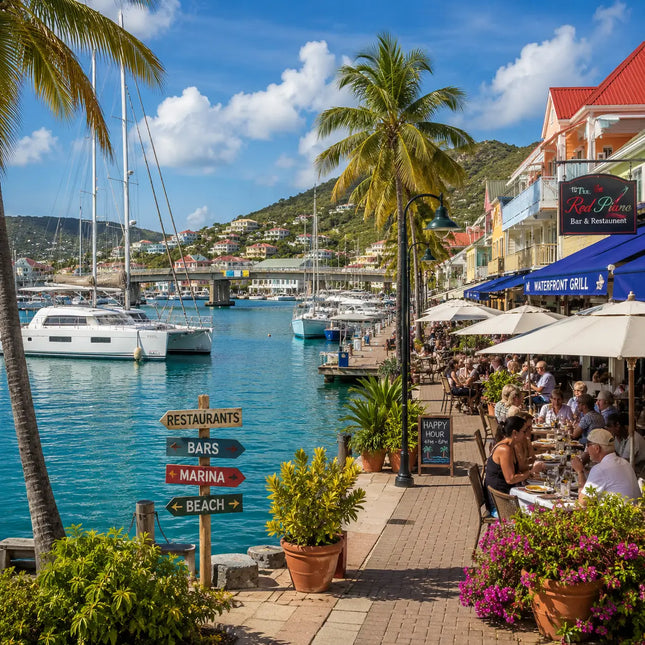 Waterfront restaurants, marinas, sailboats, and cruising activity along Simpson Bay Lagoon in Saint Martin, showcasing the island's vibrant sailing and waterfront lifestyle.