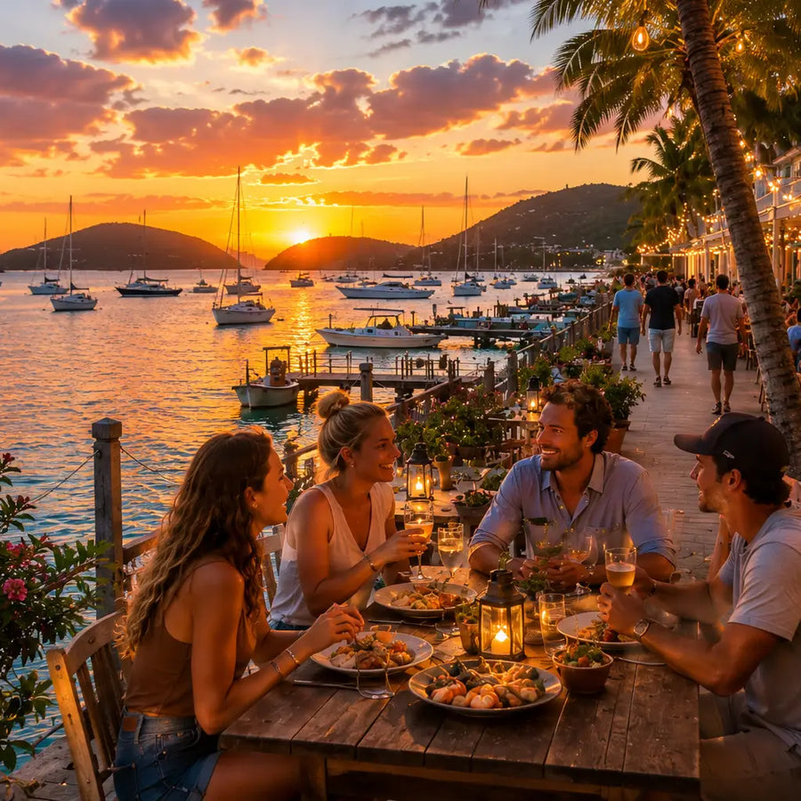 Friends enjoying waterfront dining at sunset overlooking anchored sailboats, Caribbean waters, and the vibrant harbor atmosphere of Simpson Bay Lagoon in Saint Martin.