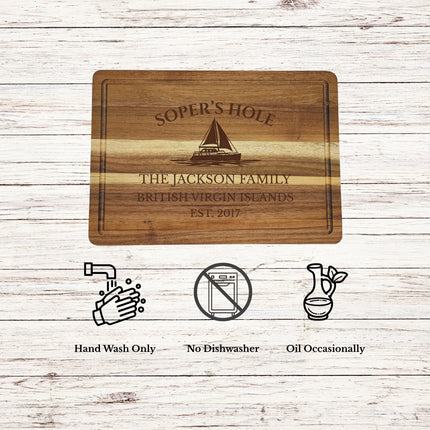 Soper’s Hole Harbor British Virgin Islands cutting board care instructions showing how to clean oil and maintain acacia wood for long lasting use