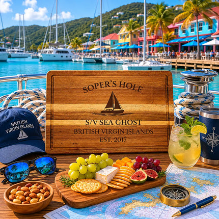Soper’s Hole Harbor British Virgin Islands sailboat cutting board displayed beside colorful Caribbean marina buildings catamarans turquoise water and tropical Tortola scenery