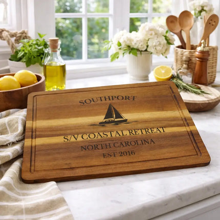 Southport personalized sailboat cutting board displayed in a bright coastal kitchen with natural light and beach inspired decor