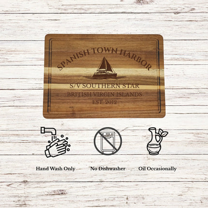 Spanish Town Harbor British Virgin Islands cutting board care instructions showing how to clean oil and maintain acacia wood for long lasting use