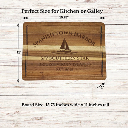 Spanish Town Harbor British Virgin Islands sailboat cutting board dimensions and features including size thickness juice groove and edge detail
