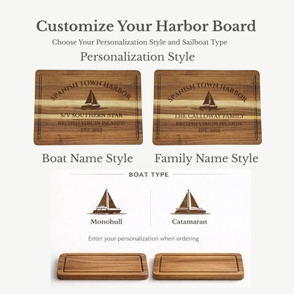 Spanish Town Harbor British Virgin Islands cutting board personalization options showing custom boat name family name established year and sailboat engraving styles