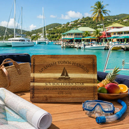 Spanish Town Harbor British Virgin Islands sailboat cutting board displayed beside turquoise Caribbean harbor waters catamarans colorful waterfront buildings and tropical Virgin Gorda scenery