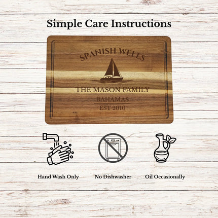 Spanish Wells Bahamas cutting board care instructions showing how to clean oil and maintain acacia wood for long lasting use