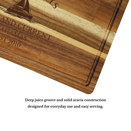 Spanish Wells Bahamas cutting board juice groove and craftsmanship showing solid acacia wood quality and durability