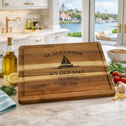 st augustine florida sailboat cutting board displayed in coastal kitchen with historic waterfront view