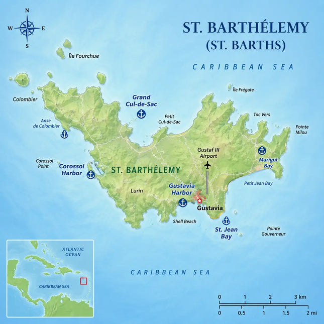Map of St. Barths showing Gustavia Harbor, St. Jean Bay, Anse de Colombier, Corossol Harbor, major anchorages, and key cruising destinations throughout the island.