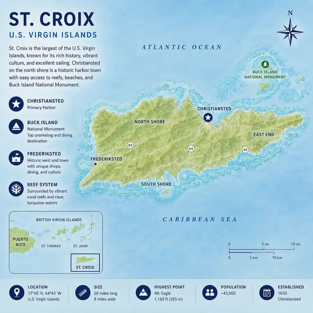 Illustrated overview map of St. Croix in the U.S. Virgin Islands showing Christiansted, Frederiksted, Buck Island National Monument, major landmarks, and surrounding Caribbean waters.