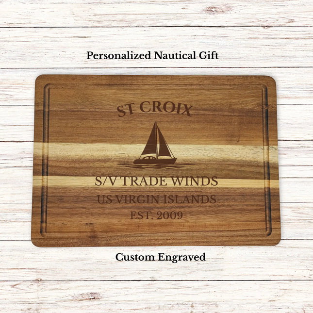St Croix US Virgin Islands sailboat cutting board personalized with Tradewinds boat name nautical gift