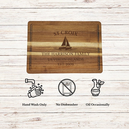 St Croix US Virgin Islands cutting board care instructions showing how to clean oil and maintain acacia wood for long lasting use