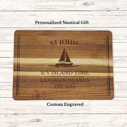 St John US Virgin Islands sailboat cutting board personalized with Island Time boat name nautical gift