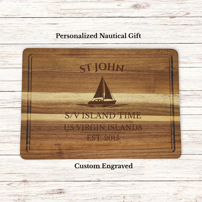 St John US Virgin Islands sailboat cutting board personalized with Island Time boat name nautical gift