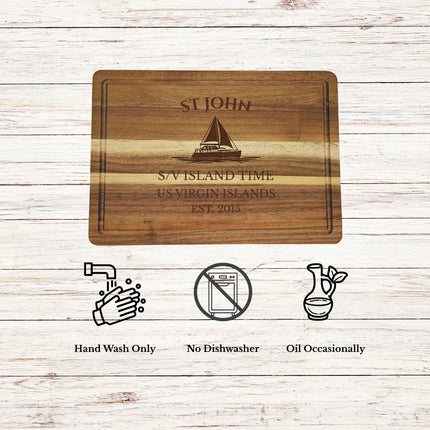 St John US Virgin Islands cutting board care instructions showing how to clean oil and maintain acacia wood for long lasting use