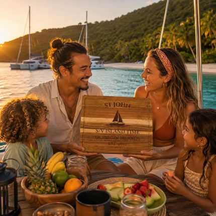 St John US Virgin Islands personalized cutting board being shared during a tropical Caribbean sailing gathering beside turquoise bays beaches and anchored catamarans