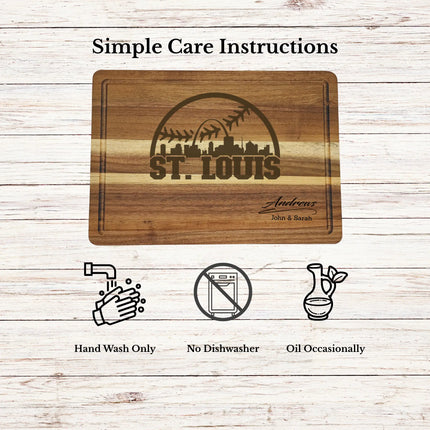 Care instructions for acacia wood cutting board showing cleaning oiling and maintenance for long lasting use
