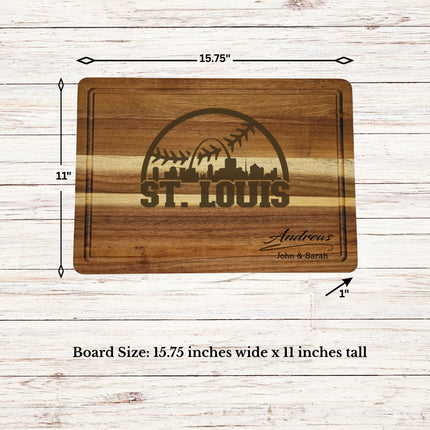 St Louis baseball cutting board dimensions showing size thickness and juice groove details on acacia wood board