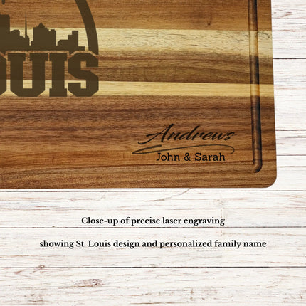 Close up of laser engraved St Louis skyline baseball design featuring the Gateway Arch on acacia wood cutting board