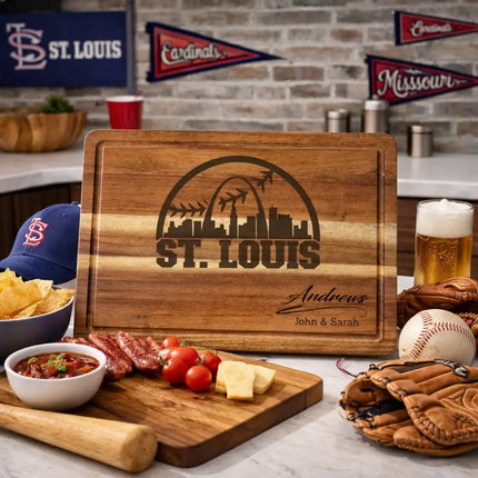 St Louis baseball cutting board displayed in kitchen with baseball themed decor food and game day setup