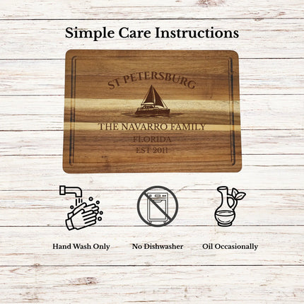 St Petersburg Florida cutting board care instructions showing how to clean oil and maintain acacia wood for long lasting use