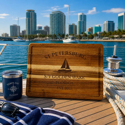 St Petersburg Florida sailboat cutting board on a boat deck with marina water city skyline and palm trees in bright sunlight